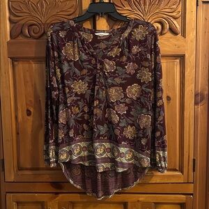 Lucky Brand Women’s Burgundy Floral Modern Boho Hippy Chic Tunic Blouse Medium